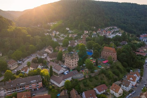 Panoramic view of a village in the evening light, surrounded by forests and hills, Calwer