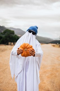 Person dressed as a ghost holding a pumpkin outdoors during Halloween celebration. Homemade