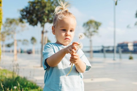 Young child girl 2 years old with a topknot hairstyle plays joyfully by the water, blowing