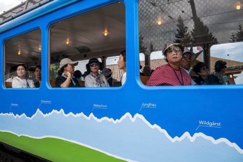 Arth Rigi Railway with Asian tourists, Rigi Staffel, Arth, Switzerland