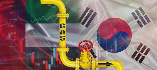 Gas pipeline with Emirati and South Korean flag. Production and export of Emirati gas to South