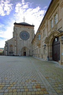 Early Gothic monastery church with rosette, former Cistercian abbey, monastery, Ebrach,