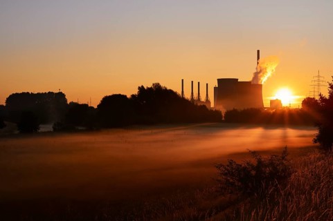 Gersteinwerk power plant and Lippewiesen at sunrise, Werne-Stockum, North Rhine-Westphalia, Germany