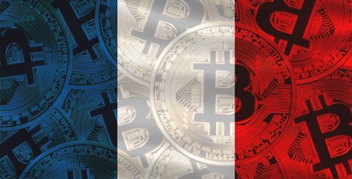 French flag with Bitcoins in the background. Bitcoin cryptocurrency with France flag, Investors in