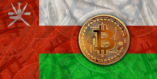 Investors in Blockchain Technology with Oman flag background. Bitcoin cryptocurrency with Omani