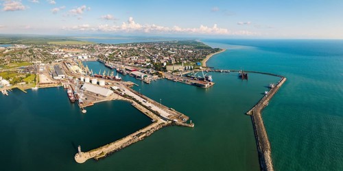 Aerial panorama Poti cityscape, black sea port, residential blocks, mixed uses, roads and parks,