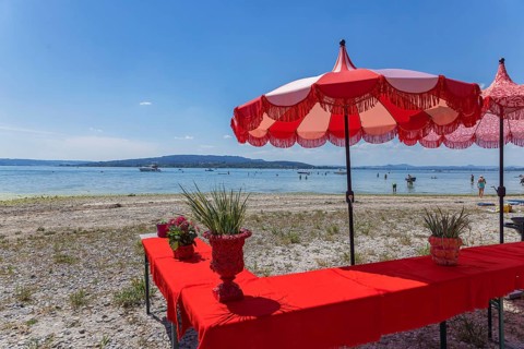 Beach on the island of Reichenau. The water level of Lake Constance is currently low for the time