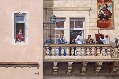 Fresco of a building with figures in period clothing on a balcony and a man in the window, medieval