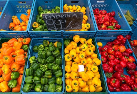 Yellow, green and red peppers (Capsicum) at a weekly market market, the Netherlands