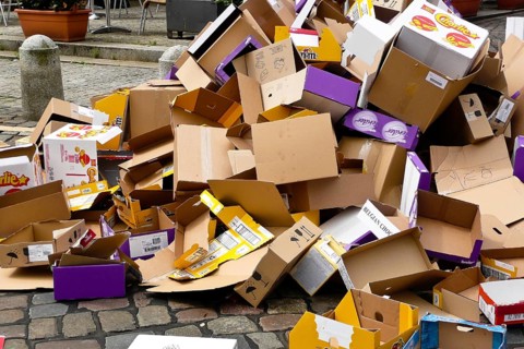 Empty boxes are waiting for recycling, garbage separation, reuse, paper, cardboard, cartons,