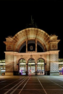 Archway on the station square, light installation at dusk, Lilu, Light Festival 2023, Lucerne,