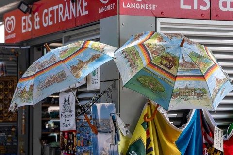 Parasol, sunshade, souvenir, with motifs of German sights, Koblenz, Rhineland-Palatinate, Germany