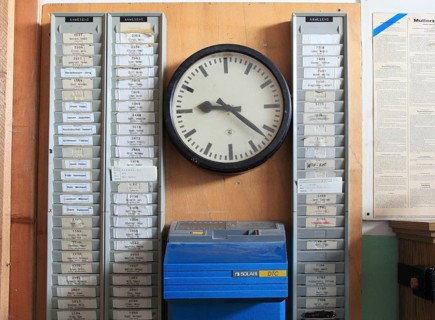 Office scene around 1972, lost place, abandoned location, historic time recording system from the