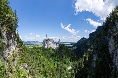 Neuschwanstein Castle and Pöllatschlucht near Hohenschwangau, Romantic Road, Ostallgäu, Bavaria,