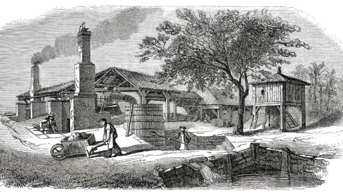 Pine resin and turpentine oil processing factory in the Les Landes region of France. In the
