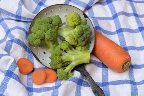 Broccoli in sieve trowel and carrot slices, Brassica oleracea var. italica