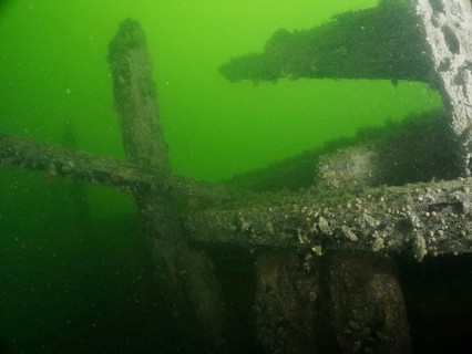 Weathered wooden structures of a wreck in deep green water with a mysterious atmosphere, wreck