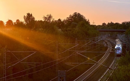 Intercity train traveling through a scenic railway corridor at sunset, surrounded by trees and