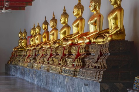 Gilded Buddha statues (Bhumispara-mudra: Gautama Buddha at the moment of enlightenment), Wat Pho,