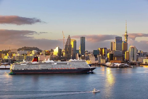 Cunard's ocean liner Queen Anne enters the harbour as part of her maiden World Voyage, Auckland,