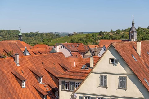 View from above over the roofs of the historic old town of Marbach am Neckar, church tower of the