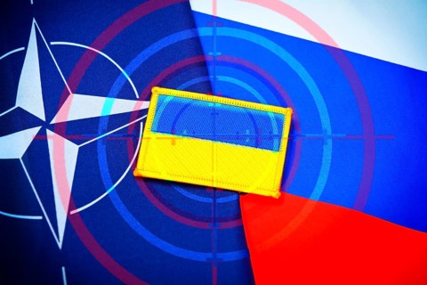 Flags of NATO, Russia and Ukraine with crosshairs, symbolic photo of standstill of Ukraine talks