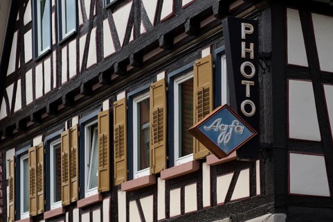 Old AGFA advertisement, sign, photo, photo dealer, half-timbered house, Keplerstadt Weil der Stadt,