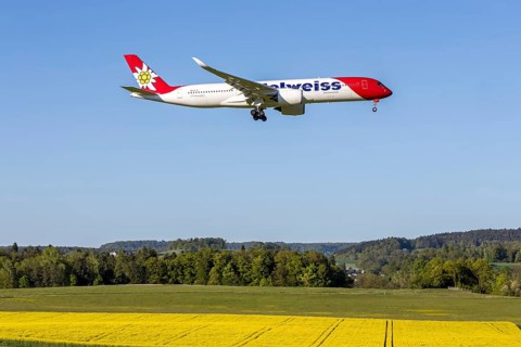 An Edelweiss Airbus A350-900 aircraft with the HB-IHC license plate at Zurich Airport, Switzerland