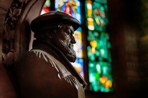 Interior view, bust of reformer Johannes Brenz, stained glass window, Protestant St. Brenz Church,