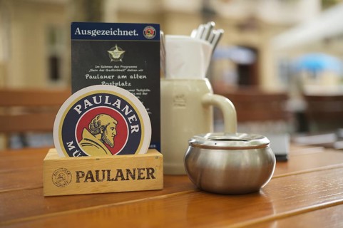 Outdoor astronomy, beer mat, beer mug, table, ashtray, Paulaner restaurant am alten Postplatz,