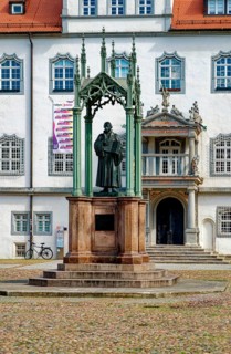 Market square with town hall, Luther monument by Johann Gottfried Schadow, Luther city Wittenberg,