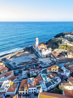 Candelaria on Tenerife island aerial view from above with church seaside vacation trip in