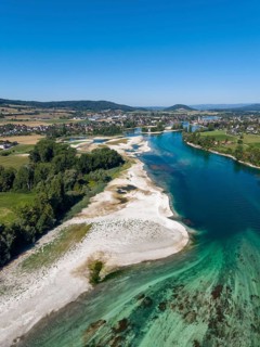 Aerial view of the Werd archipelago in the westernmost part of Lake Constance, historic low level
