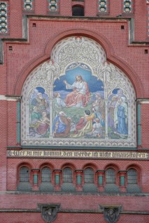 Wall mosaic with Jesus at the Sermon on the Mount and Bible quote, Whoever comes with, I will not