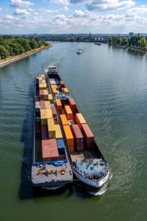 Low water in the Rhine near Cologne, looking north, Mülheimer Rheinbrücke, container freighter