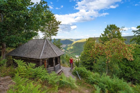 Small forest hut with a view of a vast valley under a blue sky, Bad Wildbad, Black Forest, Germany