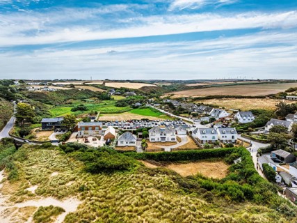 View of Porthcothan and Porthcothan Beach from a drone, Porthcothan, Padstow, Cornwall, England,
