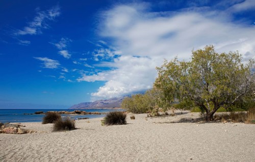 Beach in Frangokastello on the Libyan Sea, in the back the Leka Ori or White Mountains, Sfakia