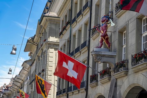 House sign at the guild house of the guild society to the monkey, monkey figure with Swiss national