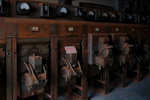 Interior view, sign, warning sign, hazard, compressor house, compressor house, museum, Geevor Tin