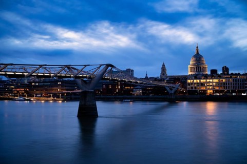 Millennium Bridge, Pedestrian Suspension Bridge, St Paul's Cathedral, Dusk, Blue Hour, City of