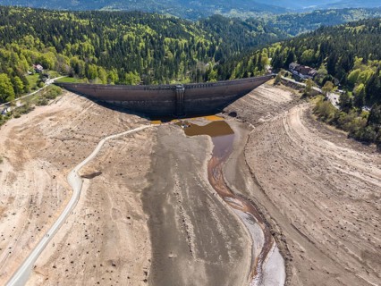 Aerial view of the Schwarzenbach dam near Forbach was almost completely drained in April 2026 for