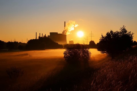 Gersteinwerk power plant and Lippewiesen with morning fog at sunrise, Werne-Stockum, North