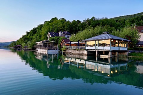 Hotel and restaurant Villa du Lac on Lac d'Aiguebelette, large natural lake, at the foot of the