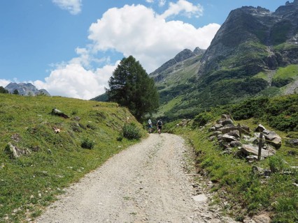 A dirt road snakes through the mountain landscape under a slightly cloudy sky, Binntal Landscape