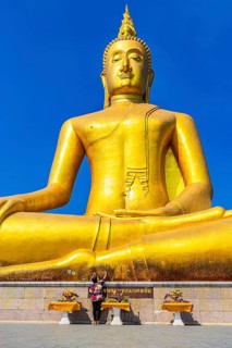 Monumental golden Buddha statue against deep blue sky, visitor and offerings at the pedestal,