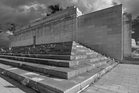 Main stand of the Zeppelin field from 1940 on the former Reichsparteitag grounds, black and white,