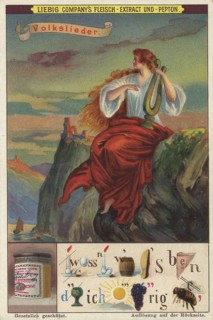 Picture series search game puzzle, rebus, folk songs, depicting Loreley, a legendary figure sitting