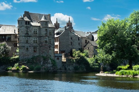 Espalion, Old Palace over Lot River Aveyron on Way of St James, Occitanie, France