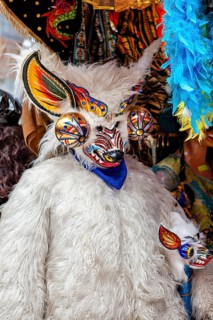 Person in an ornate, traditional costume with colorful mask and fur, mythical creatures in the